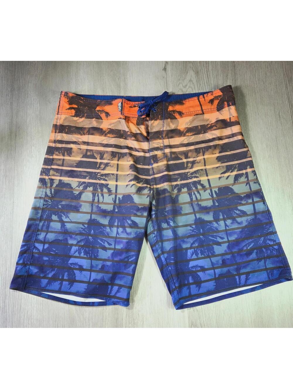 Salt Life Men's 38 SLXD Vapor Stretch Boardshort Blue Orange Palm Trees Striped